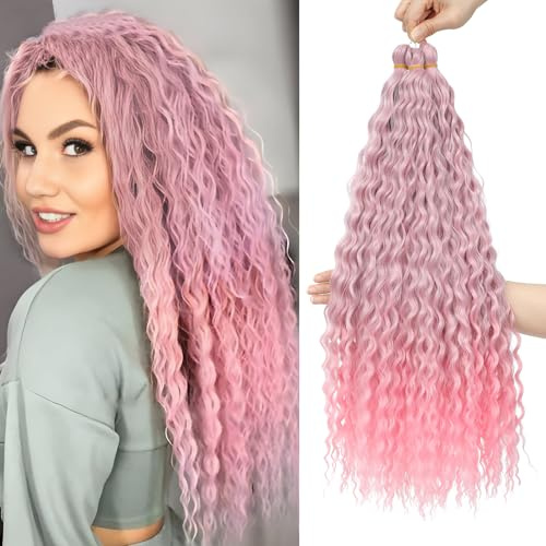 FANLUTYIN 22 Tum Lockigt Crochet Flätningshår 3 Paket - Ocean Wave Förlängningar, Djup Våg Syntetisk, Vattenvåg Flätad (TGPink12#)
