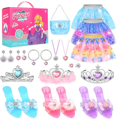 Beipegin - Chaussures & Accessoires de Déguisement Princesse Licorne Sirène Jouet Fille 3-7 ans - 3 Ensembles Thématiques - Jupe Tutu Sac Bijoux Couronne - Cadeau Fille Anniversaire Noël Carnaval