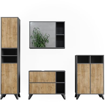 Vicco Badmöbel-Set Leano, Anthrazit/Bergeiche, 80 cm, besteht aus Waschbeckenunterschrank, Spiegelschrank, Hochschrank und Midischrank