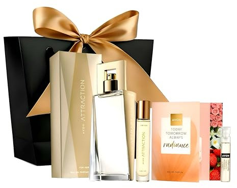 AVON Attraction Duftset für Damen – Eau de Parfum 100ml, Taschenspray 10ml, Duftprobe & elegante Geschenktasche mit goldener Schleife – 4-teiliges Geschenkset