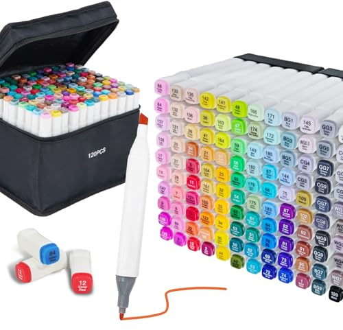 Octirst Juego de marcadores Alocohol de 120 colores, marcadores de dibujo de doble punta para niños y adultos, graffiti, anime, ilustración, pintura, garabatos con bolsa