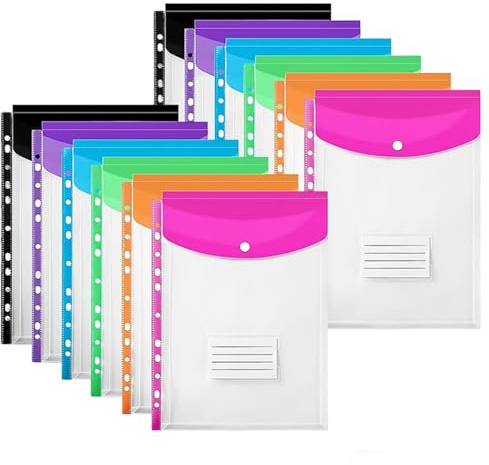 12 PCS Plastic Wallets A4 Punched Poly Pockets, Expandable Envelope Document Plastic Folders with Button and Label Pocket for School Home Office