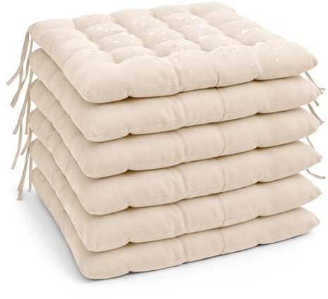 Pack 6 Cojín para silla 45x45x5 cm｜Repelente al agua y fácil de limpiar｜Con cintas de sujeción｜Funda con cremallera desmontable｜Uso interior y exterior｜Ideal para comedor, terraza, jardín u oficina