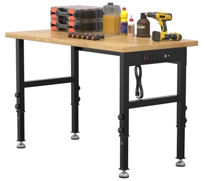 48 Adjustable Workbench,Heavy-Duty Work Table,3000 LBS Load Capacity Hardwood Workstation Outlets with Power Strips and Fixed feet,for Workshop, Garage