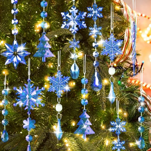 Lanpn 22 Pezzi Natale Decorazione Cristallo Decorazioni Albero di Natale, Acrilico Fiocco di Neve Ghiacciolo Con Fili da Appendere Pendenti Ornamenti, Natalizia Inverno Festa Ciondoli Addobbi (Blu)