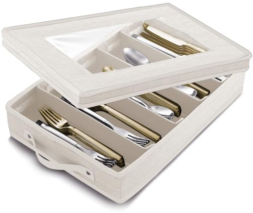 Flatware & Utensil Storage, Durable Silverware Storage Box with Padded Dividers, 5 Compartment Flatware Storage Case, Silverware Case with Handles, Protects and Organizes Cutlery, Cream