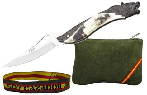 TORO SURVIVAL Set regalo navaja plegable 9 cm acero inox con empuñadura de zamak grabado oso + pulsera Soy Cazador + monedero de piel – presentado en caja (Oso)