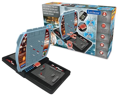 Lexibook Sprechende Seeschlacht (Französisch Italienisch Niederländisch Deutsch), 1 oder 2 Spieler Brettspiel, interaktiv, mit soundeffekten, strategie, batteriebetrieben, grau/schwarz, GT2800LXB