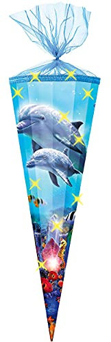 alles-meine.de GmbH 3-D Glitzer Effekt ! - Schultüte - Delfinfamilie/Fische - 85 cm / 12 eckig - Organza Abschluß - Zuckertüte - mit/ohne Kunststoff Spitze - für Mädche..