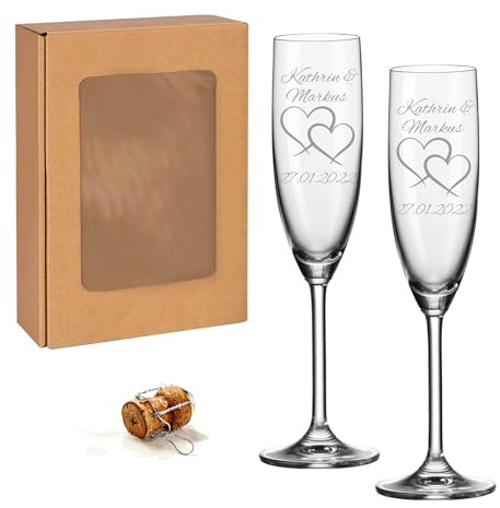 laser-diele 2 Leonardo Sektgläser mit Gravur - Geschenk zur Hochzeit - Graviert mit Namen und Datum - Sekt Zwei Herzen