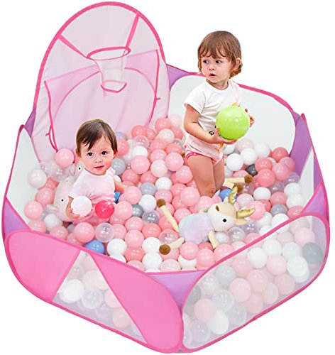 Eocolz Grande vassoio per palline per bambini, tenda pop up per bambini, casa di gioco, parco da strisciare, con cestino da basket e borsa con cerniera, 120 cm (rosa)