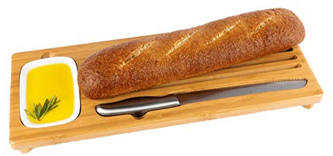 BAMBOO LAND- Large Bamboo Bread Board with Bread Crumb Catcher and Ceramic Dipping Dish