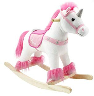 The Rocking Horse Co. - Pink / White Rocking Unicorn - with Horn, Mane & Tail - Plush Finish - Complete with Sounds - On solid wood rockers