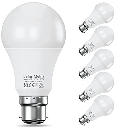 B22 LED Bulbs Bayonet 100W Equivalent, 2700K Warm White Bayonet Light Bulb, 13.5W 1500lm Super Bright LED Bayonet Bulb, BC GLS Energy Saving Light Bulb, Pack of 6