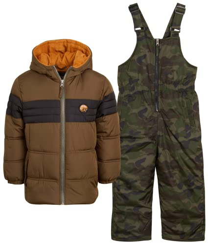iXtreme Boys Snowsuit Set - 2 Piece Polar Fleece Lined Weather Resistant Insulated Ski Jacket & Snow Bibs Overalls for Boys, Size 12M, Olive/Black