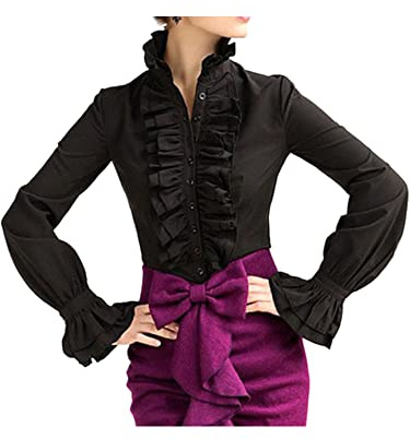 Niusricy Camisa de mujer con cuello alto, volantes vintage victorianos, blusa de oficina, para dama, ideal para bodas (Negro, M)