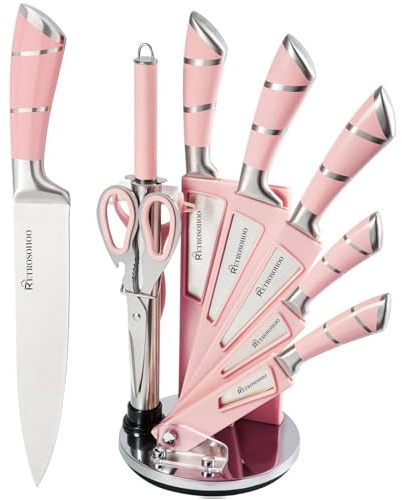 Kitchen Knife Set, Retrosohoo 9-Pieces Pink Sharp Non-Stick Coated Chef Knives Block Set,Stainless Steel Knife Set for Kitchen with Sharpener for Cutting Slicing Dicing Chopping (Pink)