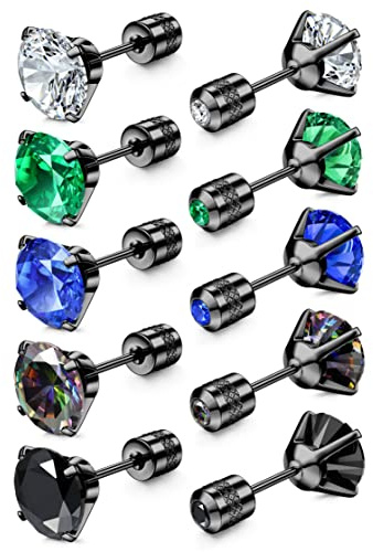 FIBO STEEL 5 Pairs Titanium Screw Back Surgical Stainless Steel Stud Earrings for Women Men,Rainbow 5A Cubic Zirconia Studs Double Side Earrings Piercing Sleeper Studs Jewelry 6mm Black Round