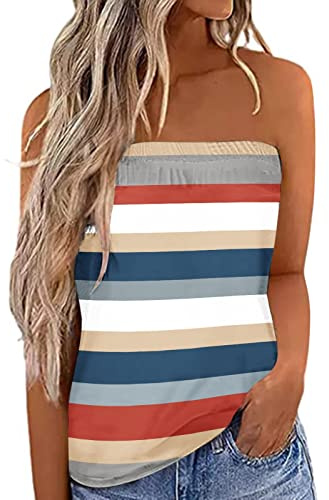 Routefuture Femmes Bustier Bandeau Tops Grande Taille Tops Sexy Été Tunique sans Manches sans Bretelles Vest T-Shirt Floral Debardeur Ample Boho Style Gilet de Plage,2-Bleu,M