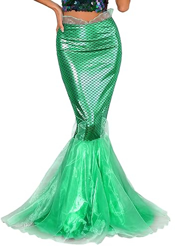 dPois Déguisement Sirène Femme Jupe Sirène Long Jupe Queue Sirène Elégente Paillettes Costume Soutien-Gorge Brassière Top de Plage Bra Coquillage Halloween S-3XL