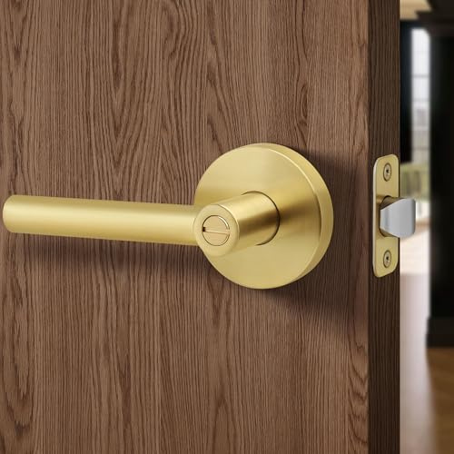 LOQRON Brushed Gold No Keys Privacy Door Handle, Round Design Keyless Heavy Duty Gold Interior Door Lever with Satin Brass Finish, Reversible for Left/Right Handed for Bedroom and Bathroom Door