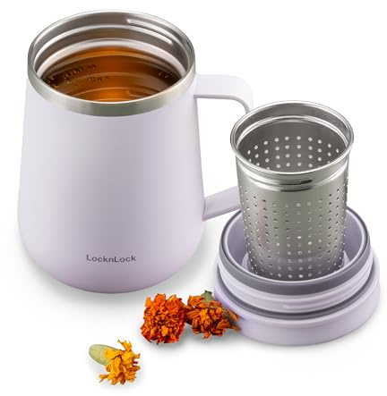 LocknLock Metro Tea Mug Violet 13oz/400ml, Tea and Coffee Mug Cups with Tea Infuser Strainer, Lid and Handle, Double Wall Stainless Steel Vacuum Insulated Travel Tumbler