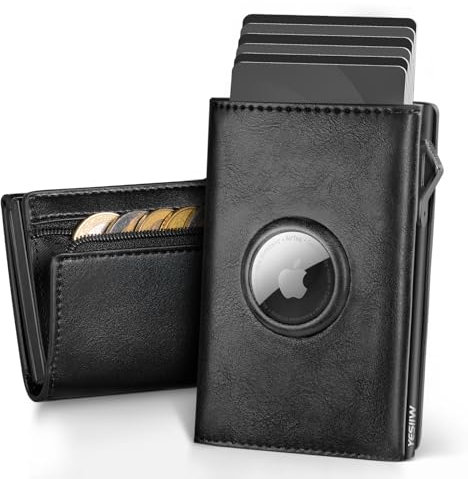 YESIIW Portmonee Herren Airtag mit Große Kapazität & Super Kompakt Airtag Geldbeutel für 12 Karten, 1 Ausweis & Münzfach Geldbörse Airtag mit RFID Schutz, Magnetverschluss (Glänzendes Schwarz)