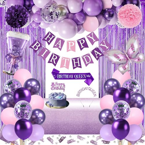 Decoration Anniversaire Violet Rose Ballons Décorations Kit Banderole Joyeux Anniversaire Pom Poms Echarpe Couronne Deco Rideau Nappe Couronne pour Femme