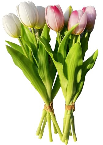 Set di 10 tulipani artificiali multicolore con 6 tulipani e 4 boccioli di tulipani realistici al tatto, per matrimoni, casa, feste, ristoranti (bianco e 5 rosa chiaro)