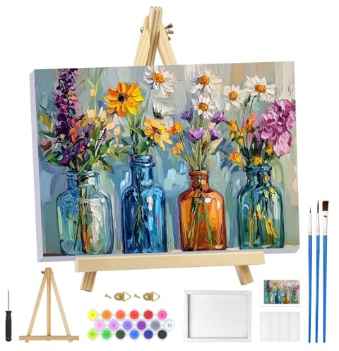 MOGTAA Paisaje Flor Pintura por Números Adultos con Marco, Flores en Jarrón Pintura por Números Con Caballete de Madera, DIY Pintura al Óleo Lienzo Set Pintura Acrílica Imágenes para Decoración del