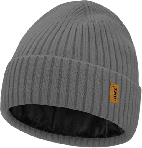 ATNKE Stickad mössa för herr och dam, vinter, mjuk ullmanschett, dött huvud, stretch, tjock, varm, fleece, foder, keps, dagliga gåvor, Ädel grå, One size