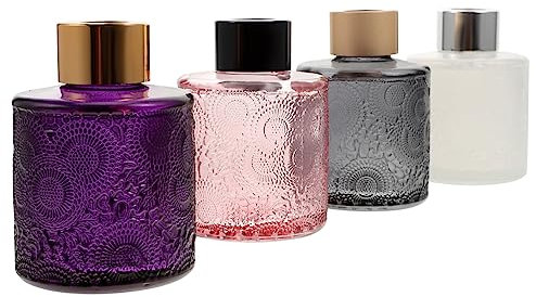 BESTYASH 4Pcs Embossed Glass Aromatherapy Bottles Empty Diffuser Containers for Essential Oil Perfume Refillable Home Fragrance Bottles for Bedroom and Living Room Decor