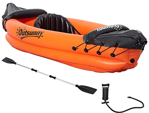 Outsunny Canoa Gonfiabile 1 Posto Kayak con Remo in Alluminio, Kit Riparazione e Pompa per Gonfiaggio, Arancione