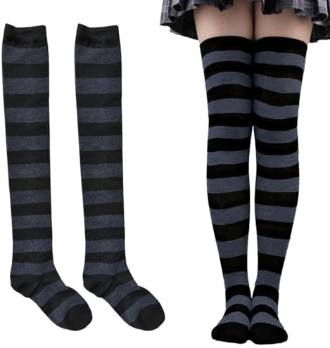 COYUN 1 Pares Calcetines Hasta la Rodilla, Femenino Rayas a rayas Muscos altos calcetines, sobre medias de rodilla, para Mujer Calcetines Largos Sobre la Rodilla Muslo Calcetines Altos, Negro y gris