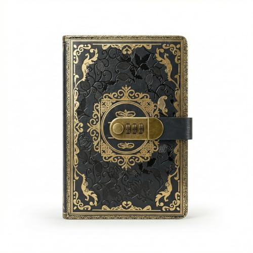 Amexo Diario con Contraseña, Cuaderno de Cuero Vintage con Cerradura de Combinación A5 Vintage de Piel Diario Secreto de Flores en Relieve Diario con Código Bolígrafo para Oficina Escolar