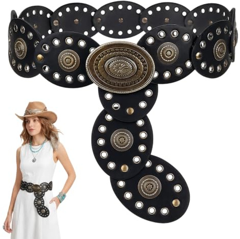 FUSDNW Generic Western Disc Belt for Women, 100cm Adjustable Boho Belt Wide PU Leather, Vintage style for Dresses Jeans Skirts