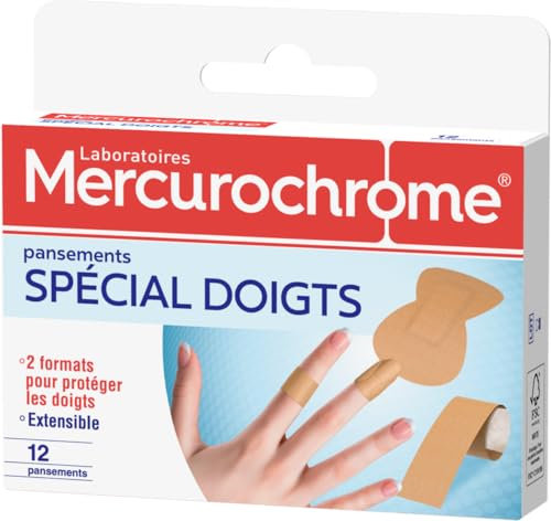 MERCUROCHROME - Pansements Spécial Doigts - 2 Formats Différents - Agit comme une Seconde Peau - Micro-Aéré - Laisse la Peau Respirer - Boite de 12 pansements