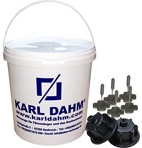 Karl Dahm Fliesen Nivelliersystem Basis-Set für 1 mm Fugen: 50 schwarze Zughauben für Fliesenstärke 3-12 mm + 250 Basis Gewindelaschen + Eimer I Leichte & professionelle Fliesen Verlegehilfe – 12451