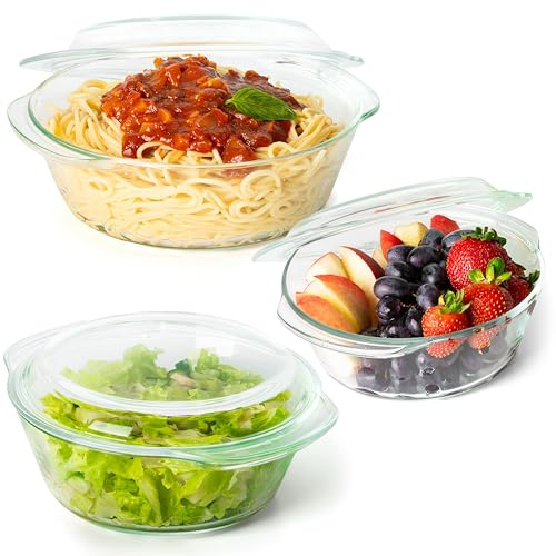 Moss & Stone 6-Piece Clear Glass Casserole Dishes for Oven With Lids, Durable Tempered Borosilicate Glass Bakeware Set, Microwave Safe, 3 Round Sizes for Cooking, Serving & Storage