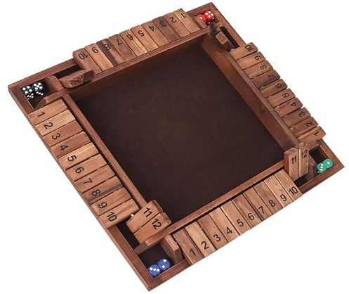 GSE Games & Sports Expert 1-4 Player Wooden Shut The Box Board Game with 8 Dice. 4-Way 12 Numbers Shut The Box Dice Set of Popular English Pub Board Game - Walnut