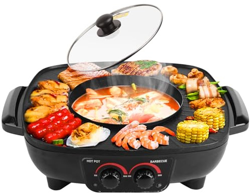 2 in 1 Hot Pot BBQ Grill Electric Grill and Hot Pot Non-Stick Chinese Portable Baking Pan for BBQ Shabu Dual Pot Electric UK Plug 220V