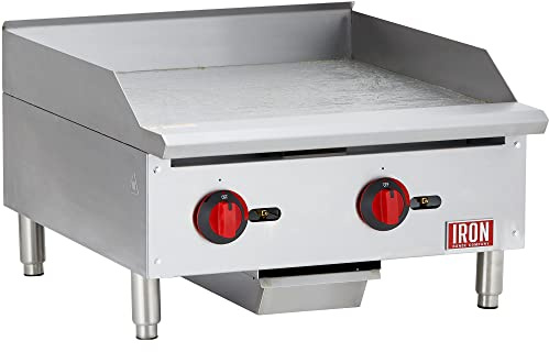 Iron Range IRMG-24 24 Commercial Gas Griddle, 60,000 BTU, Two Burners, Stainless Steel, Manual Controls, ETL Listed, Removable Grease Pan, Adjustable Legs, LPG Conversion Kit Included.