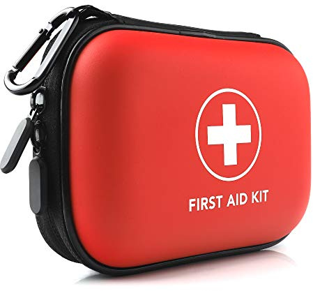 Mini First Aid Kit, 100 Pieces Water-Resistant Hard Shell Small Case - Perfect for Travel, Outdoor, Home, Office, Camping, Hiking, Car (Red)