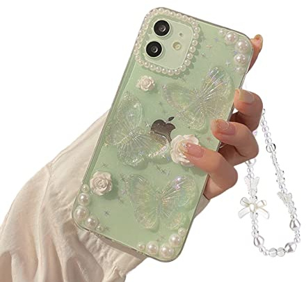Ownest Kompatibel med iPhone 11 3D Transparent Fjäril, Söt Glitter Glittrande Kristallfodral Skyddsfodral för iPhone 11 + Pärlkedja