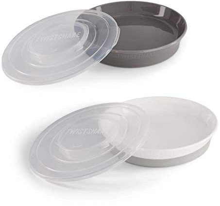 Twistshake 2x Teller | Babyteller mit luftdichtem Deckel | BPA-freier Baby-Entwöhnungsteller | Essenstrainingsteller | Lernteller für Kinder | 6 Monate+ | Neugeborenen-Essentials | Grau Weiß