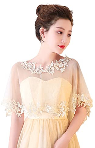 SamHeng Capa de Boda de Encaje para Novia, Mujer Flor Bordada Bolero Envoltura de Chal Cubierta de Hombro Tul Capelets para Fiesta de Noche Disfraz Accesorios de Fotos