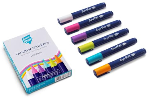 SUPER PETIT - 6 FEUTRES EFFACABLES POUR VITRES ET MIROIRS:6 feutres à l’eau lavables pour vitres et miroirs. Feutre extra large – pointe ronde 3mm - Parfait pour faire les décorations de Noel