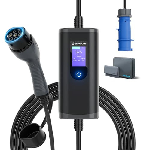 bokman Typ 2 Ladekabel mit CEE Stecker 7,4kW, 8 Meter | 6-32A | 1-Phasig | IP65 Wasserdicht, Tragbares EV-Ladegerät und Mobile Wallbox Ladestation für IEC 62196-2 mit Tragetasche & Mikrofaserhandtuch