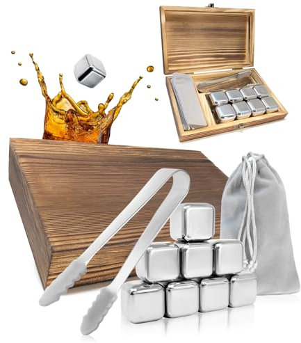 COM-FOUR® Set Regalo Pietre di Whisky - 8 cubetti di Ghiaccio in Acciaio Inossidabile (2,7 cm) con Pinze e Borsa in Acciaio Inossidabile (08 pezzi con confezione regalo)