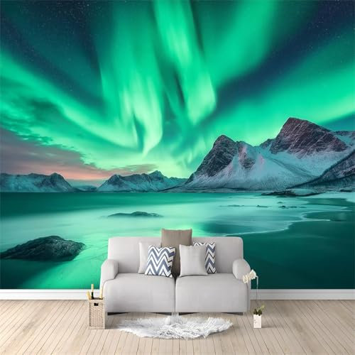 Papier Peint Panoramique Aurores Boréales Naturelles style 3D Effet Vert pour Couloir Canapé Fond Décoration, Papier Peint intissé pour Chambre Salon Décoration Murale 350 x 256 cm